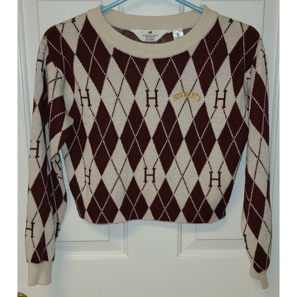 H & M‎ Harry Potter Hogwarts Junior's Cropped Argyle Sweater Size 12/14